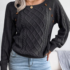 Women's Sweater Round Neck Texture Button Lantern Sleeve Sweater