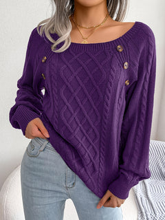 Women's Sweater Round Neck Texture Button Lantern Sleeve Sweater