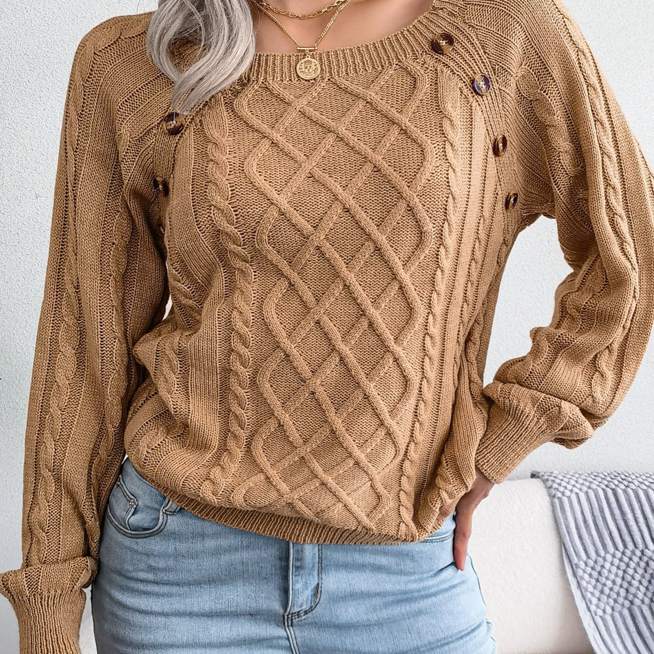Women's Sweater Round Neck Texture Button Lantern Sleeve Sweater