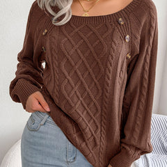 Women's Sweater Round Neck Texture Button Lantern Sleeve Sweater