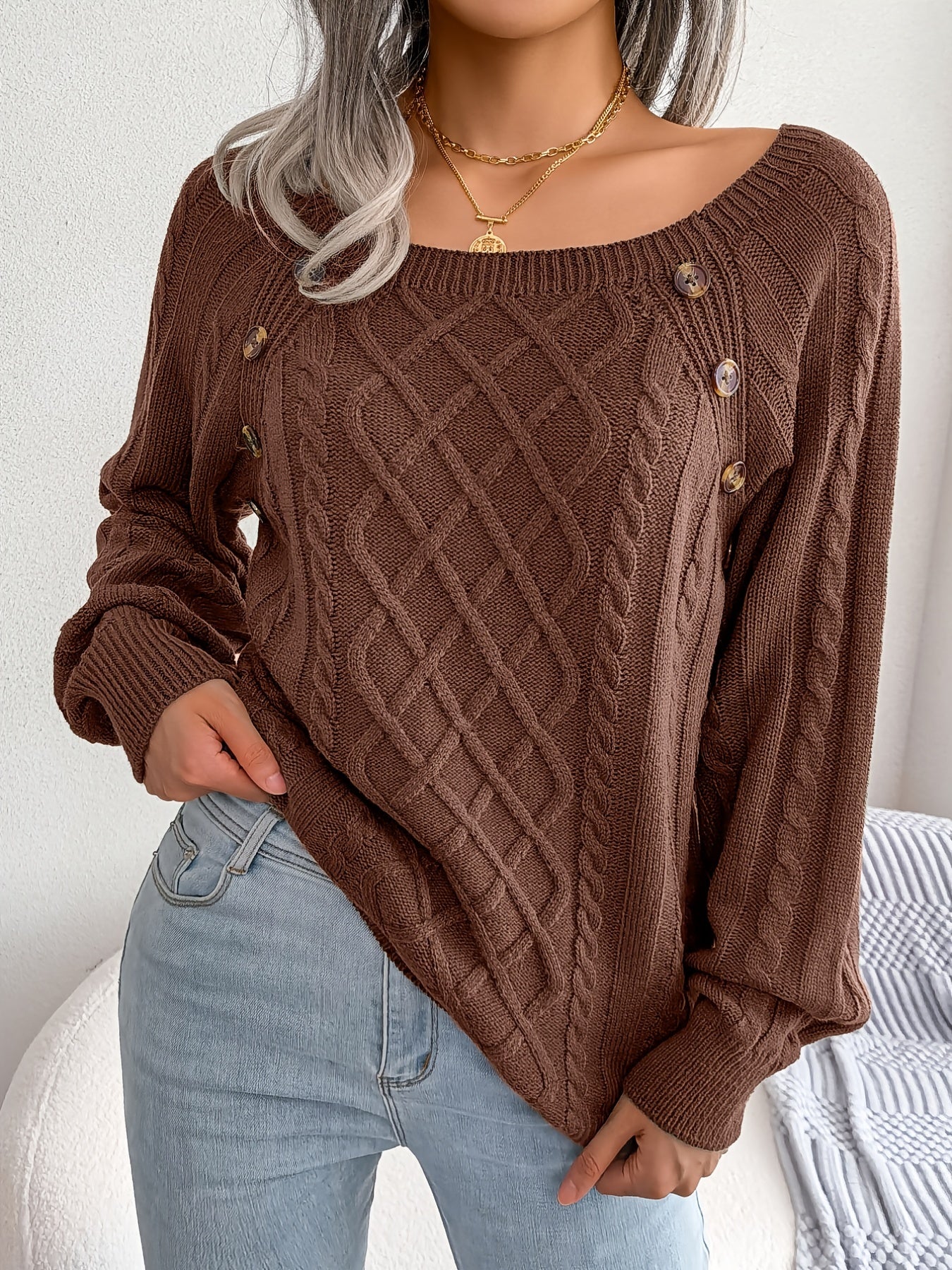 Women's Sweater Round Neck Texture Button Lantern Sleeve Sweater
