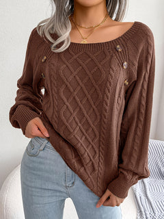 Women's Sweater Round Neck Texture Button Lantern Sleeve Sweater
