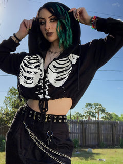 Women's Gothic Skull Print Casual Drawstring Short Hoodie Long Sleeve Top